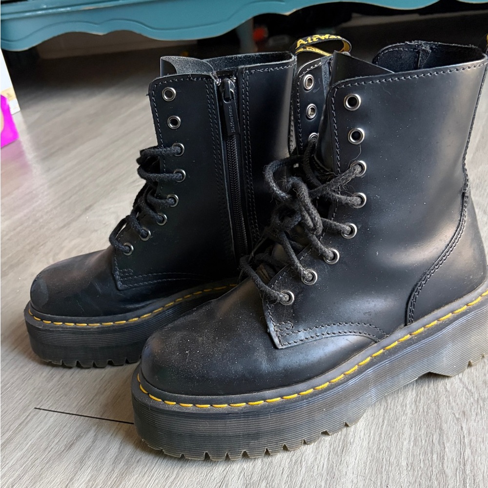 Dr. Martens Black Lace-Up Platform Boots with Yellow Stitching - Picture 2 of 11